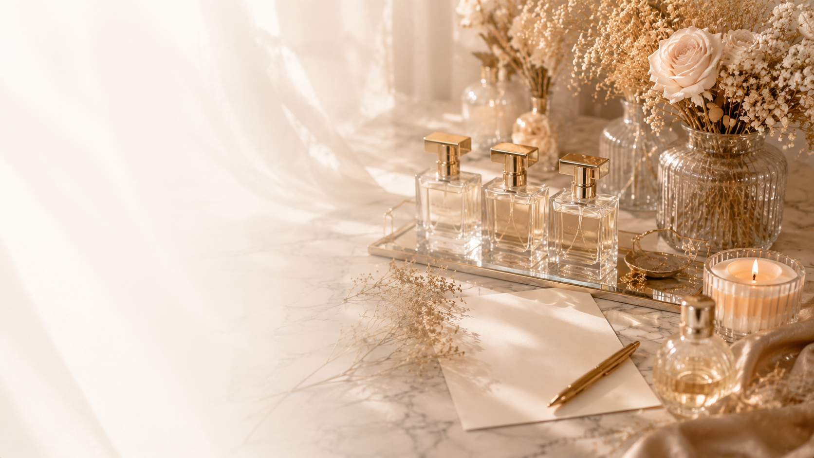 House of Denise signature scent bar with perfume bottles, framed signage, and candlelight