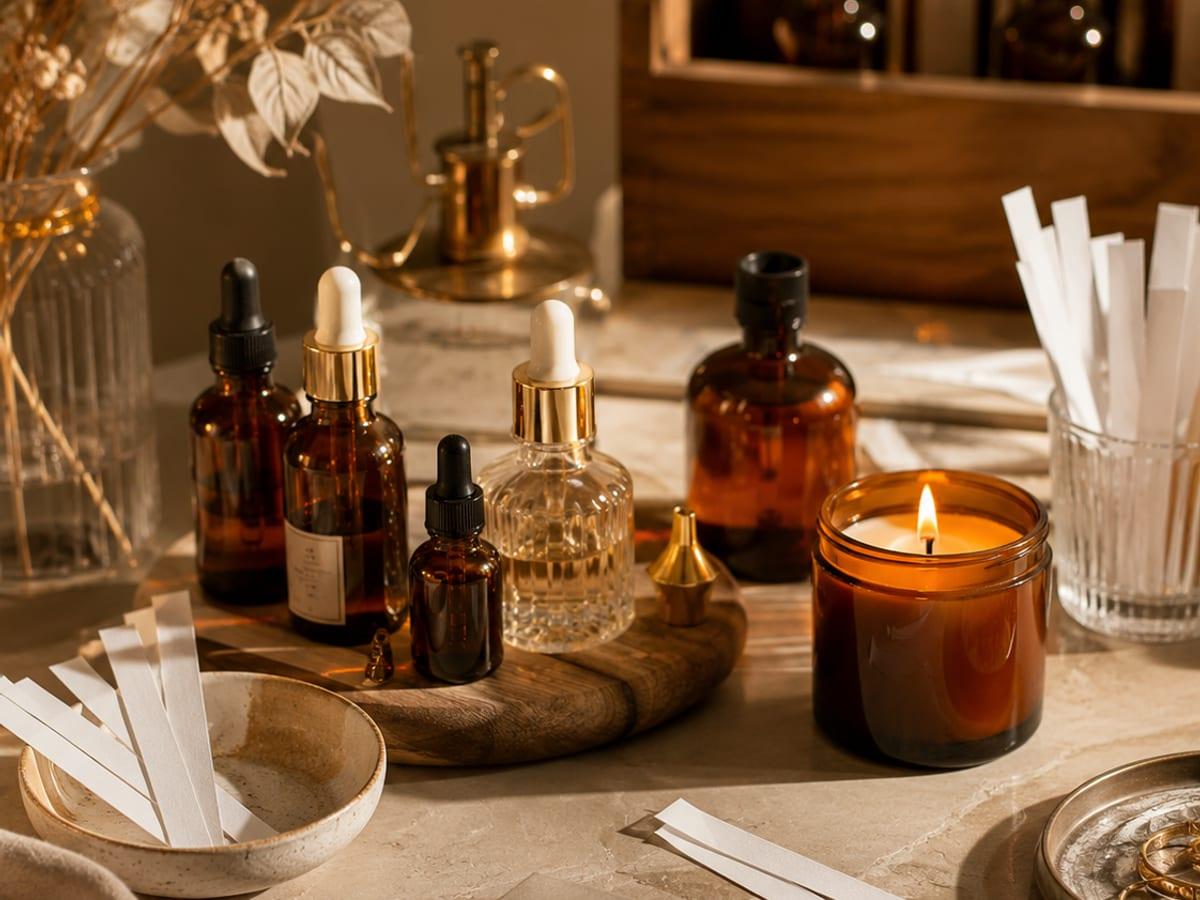 Workshop setup with amber dropper bottles, candlelight, and scent strips