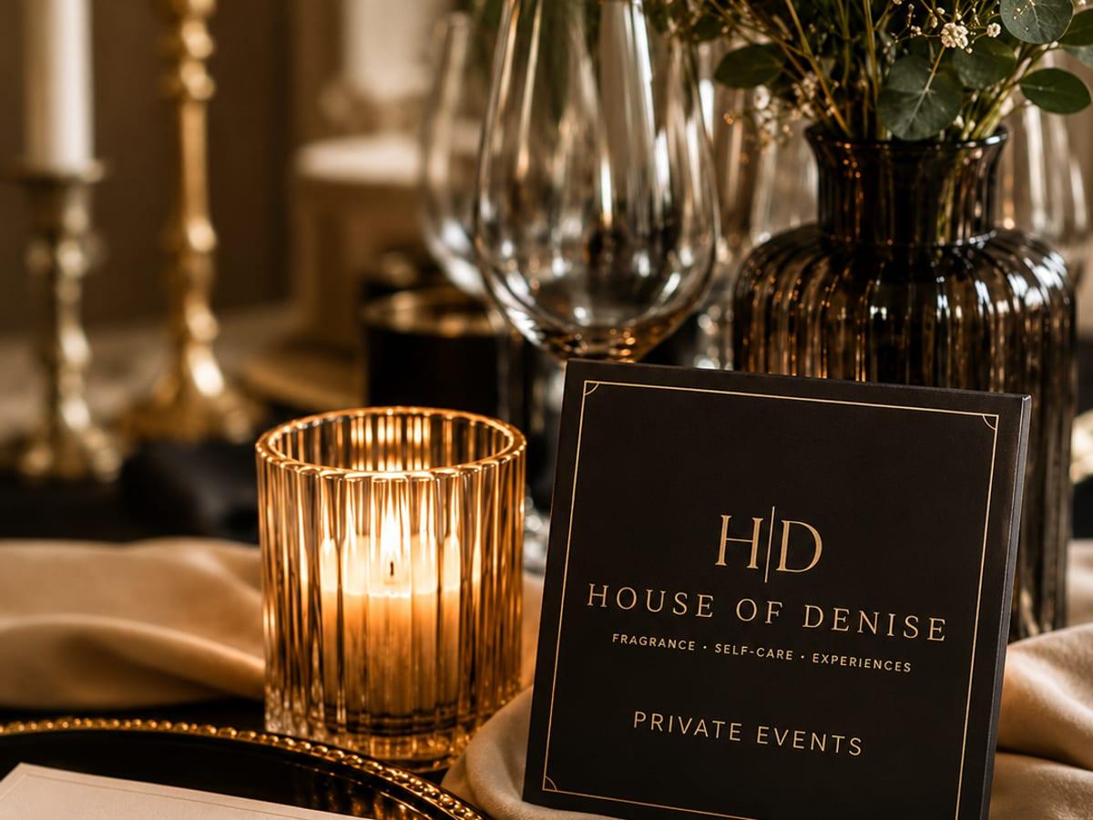 Private events table setting with House of Denise branding and candlelight
