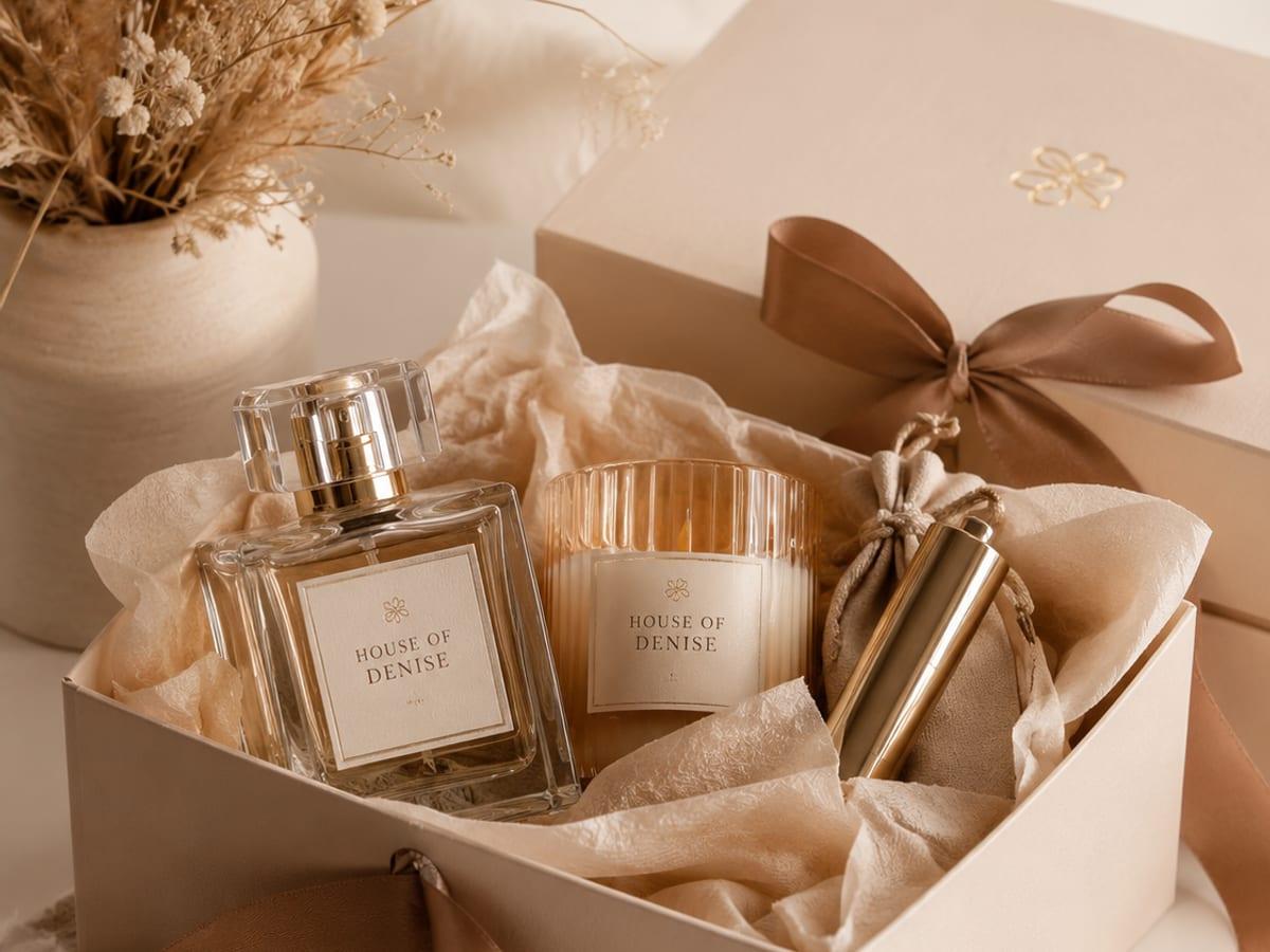 Custom fragrance gift set with ribbon and packaging