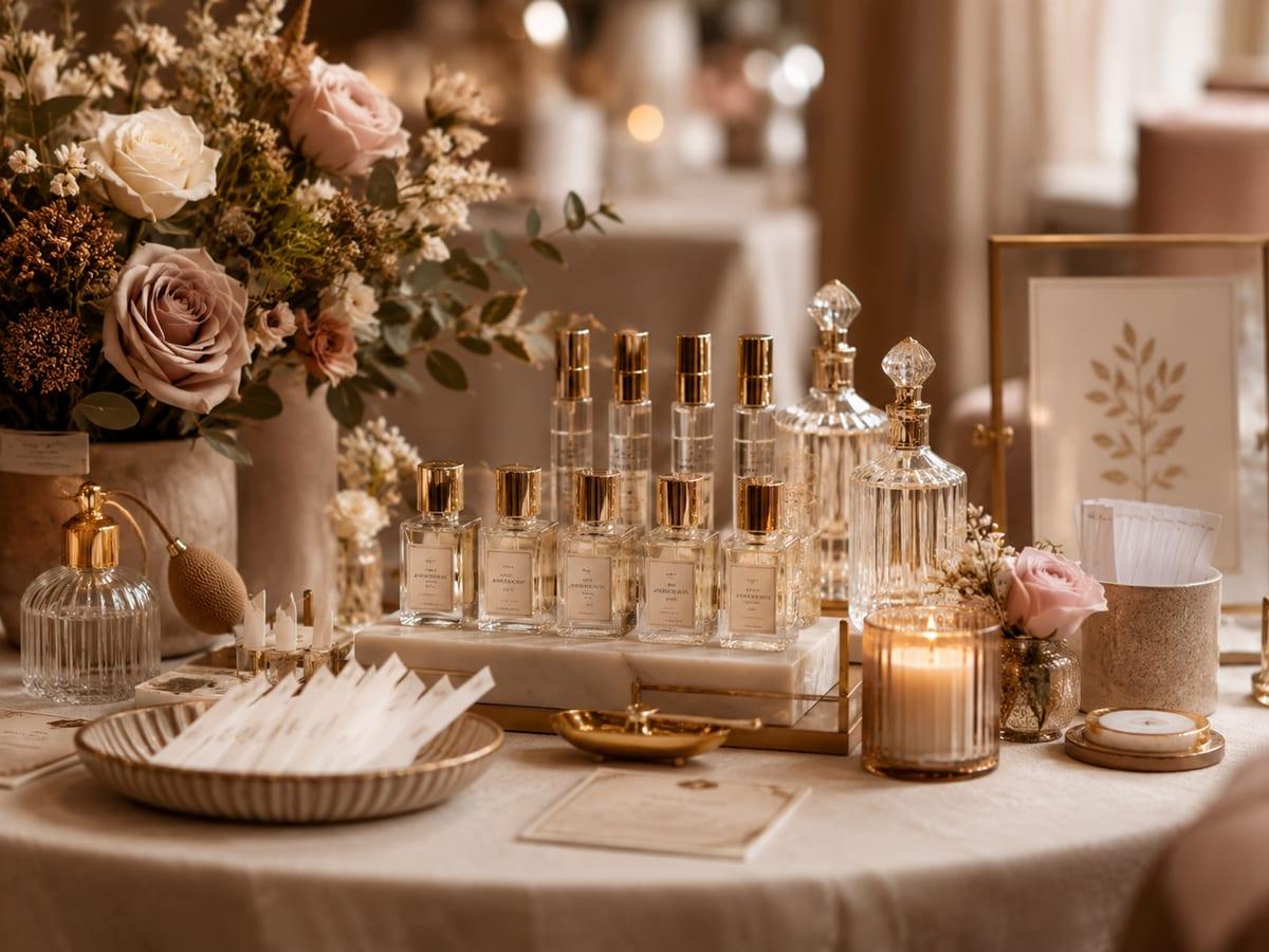 Perfume bottles arranged on a styled fragrance bar